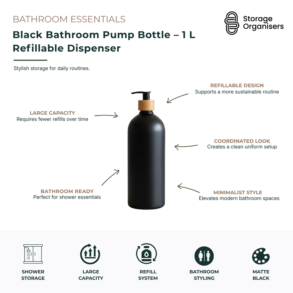 Black Bathroom Pump Bottle – 1 L Refillable Dispenser