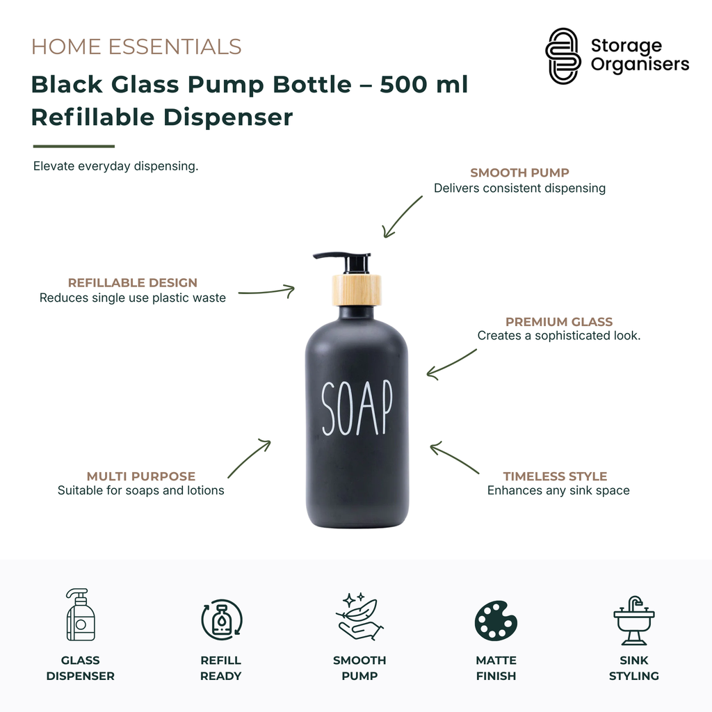 Black Glass Pump Bottle – 500 ml Refillable Dispenser