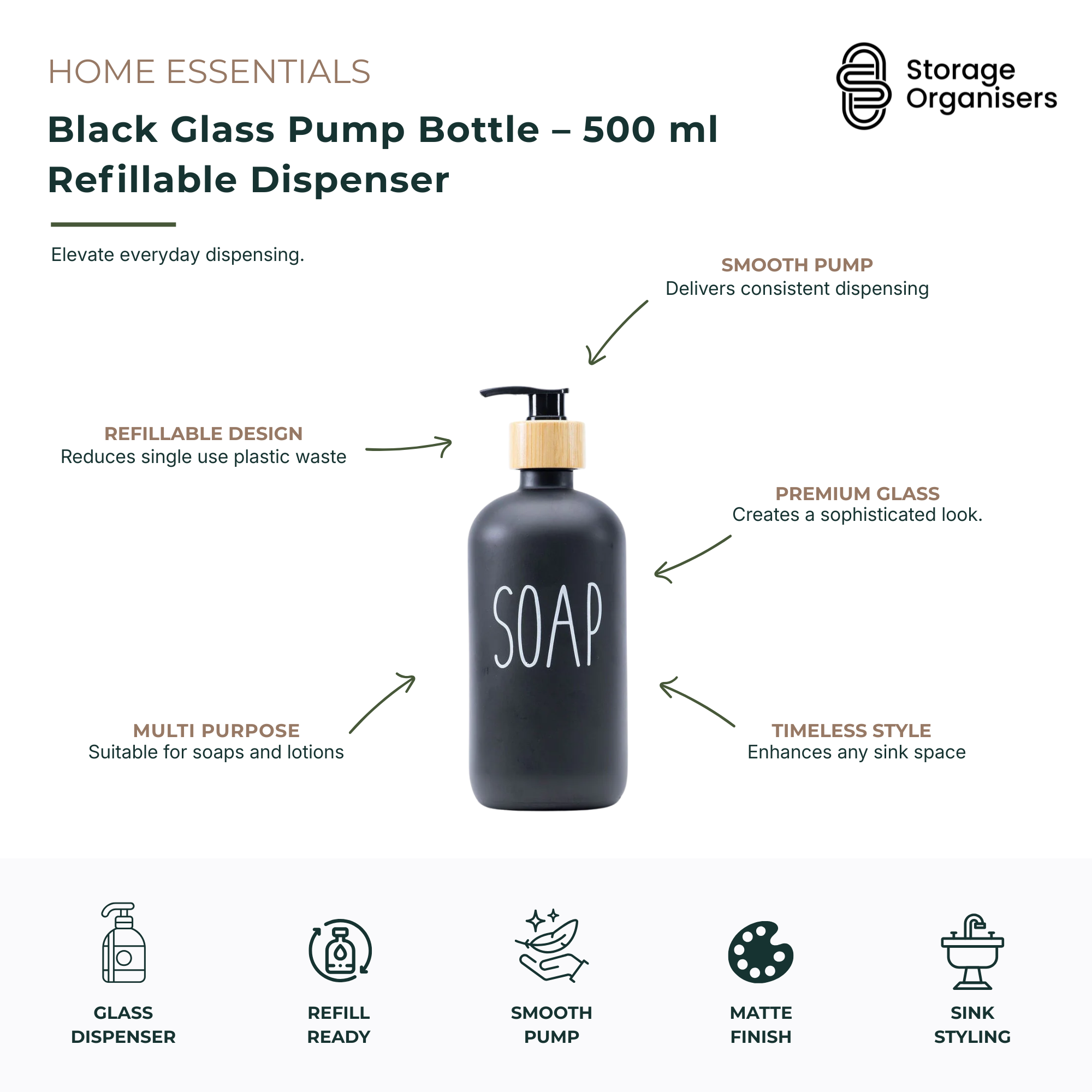 Black Glass Pump Bottle – 500 ml Refillable Dispenser