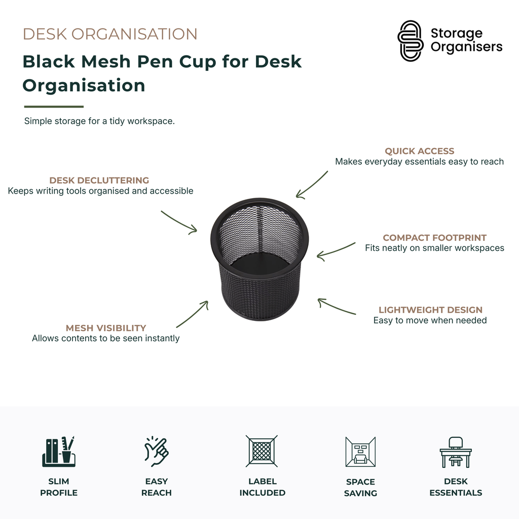 Black Mesh Pen Cup for Desk Organisation-3