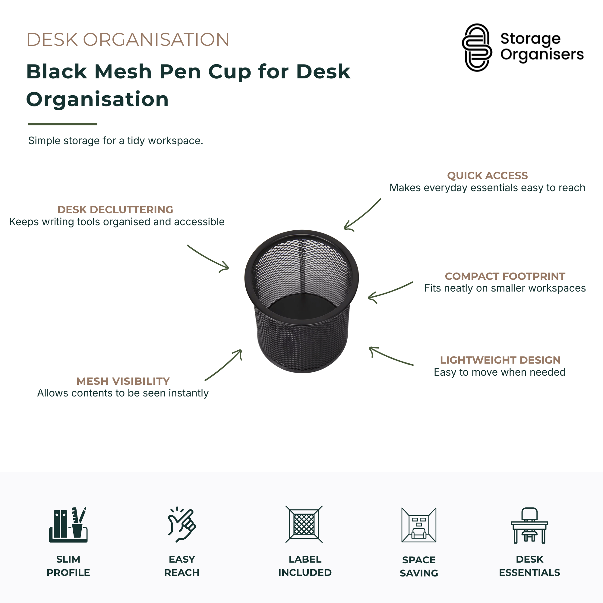 Black Mesh Pen Cup for Desk Organisation-3