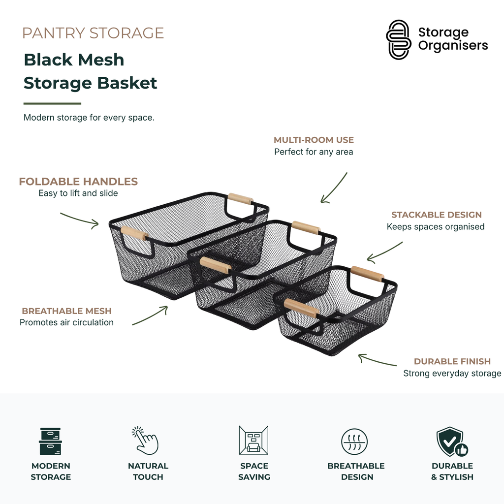 Black Mesh Storage Basket with Wooden Handles