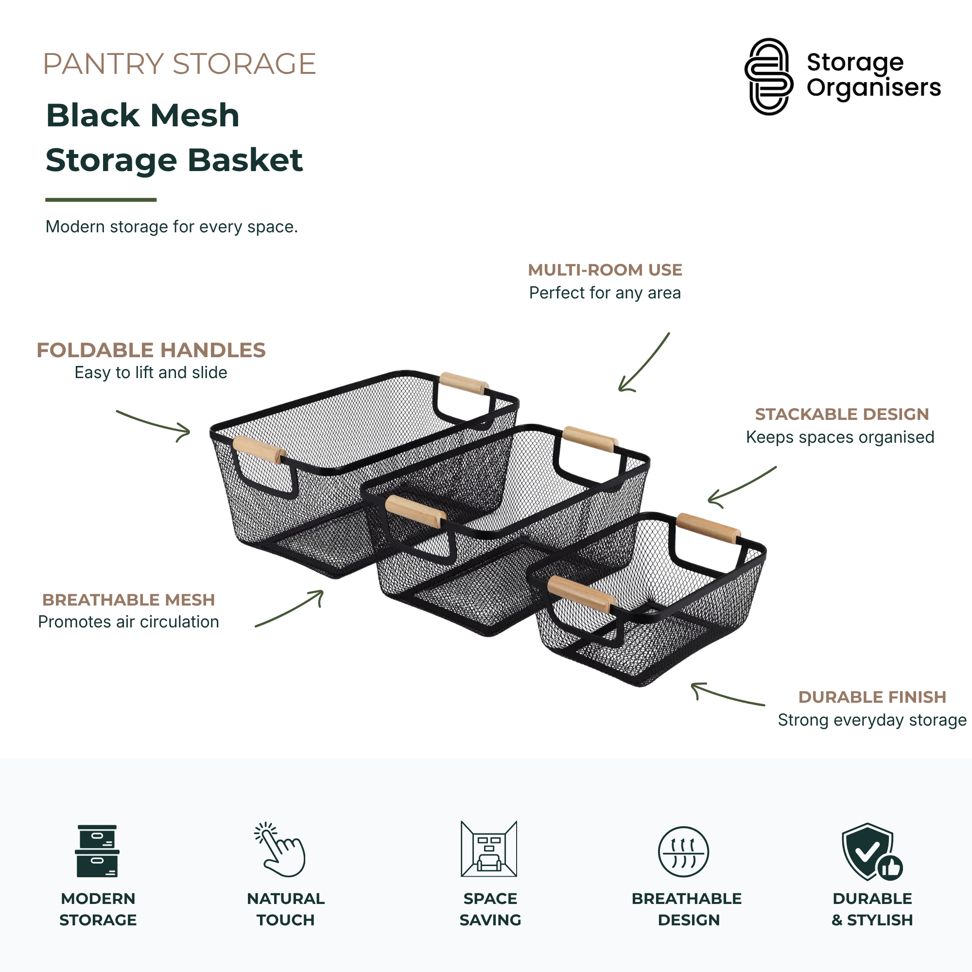 Black Mesh Storage Basket with Wooden Handles