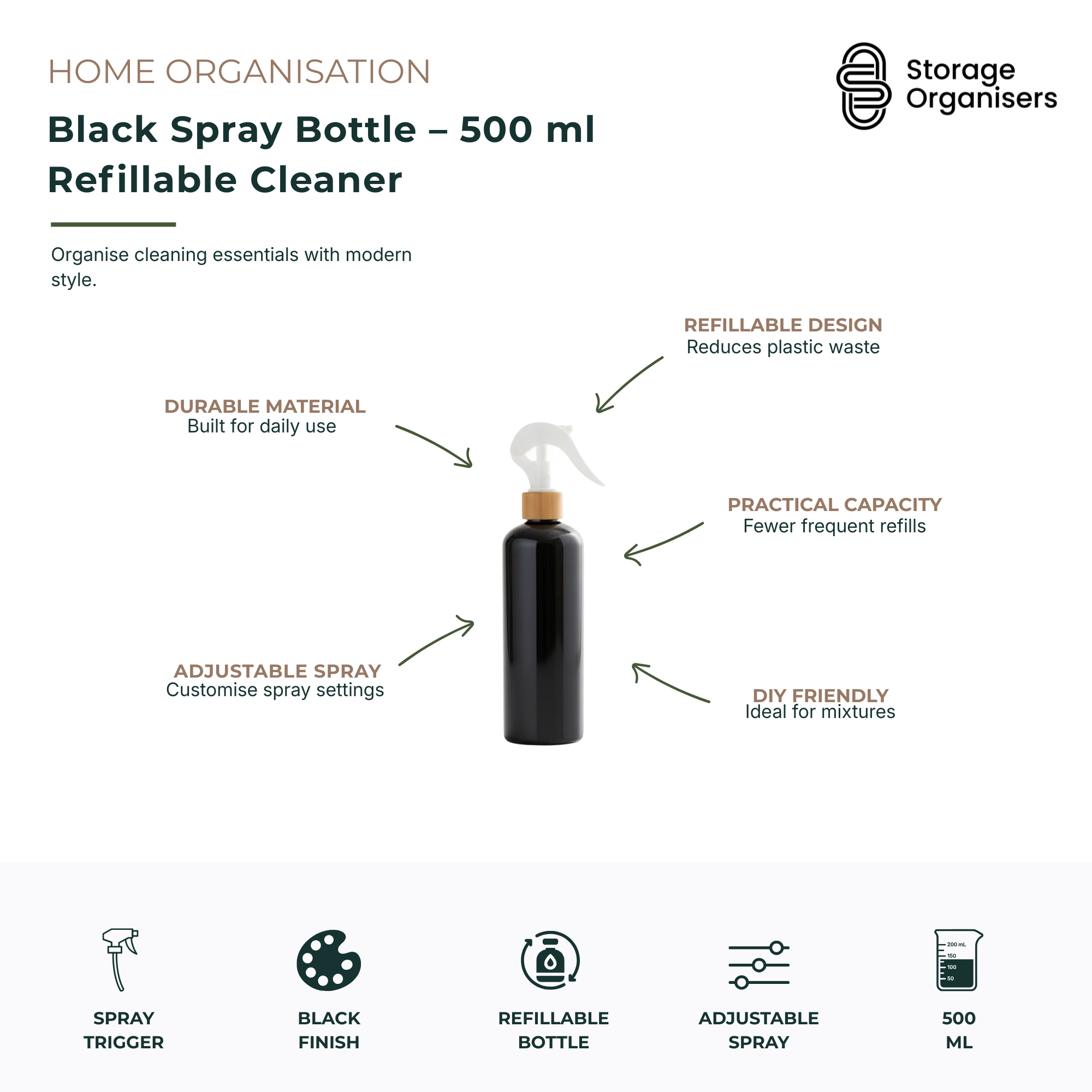 Black Spray Bottle – 500 ml Refillable Cleaner-3