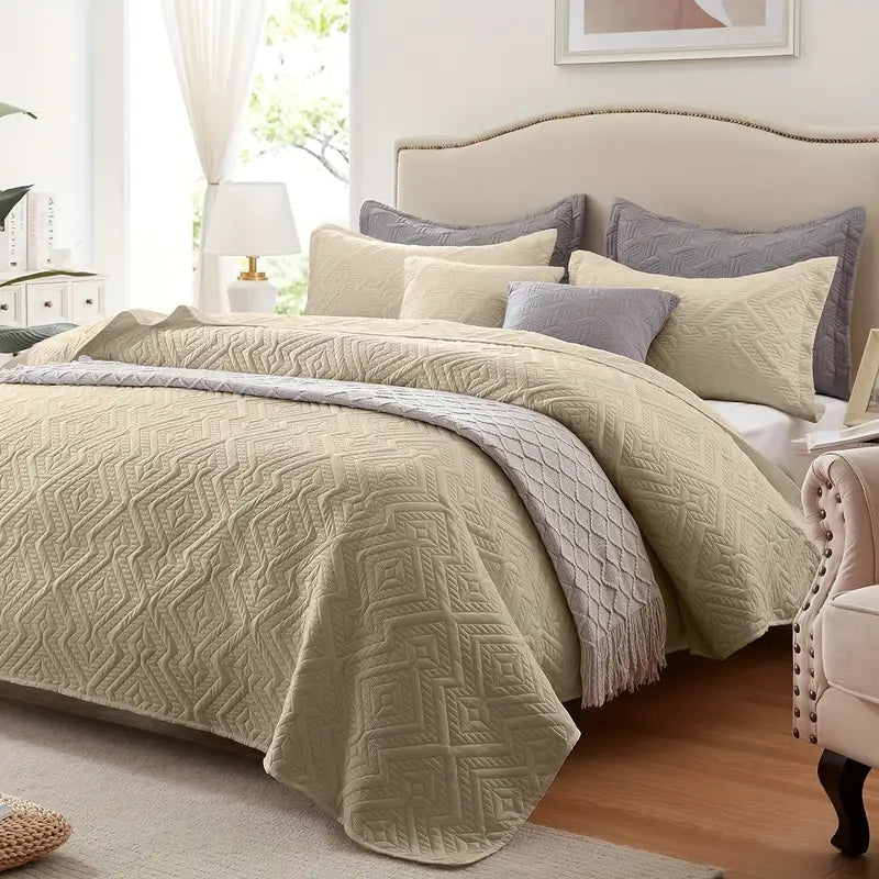 Beige Microfiber 3-Piece 150GSM Bedspread Set - King Size