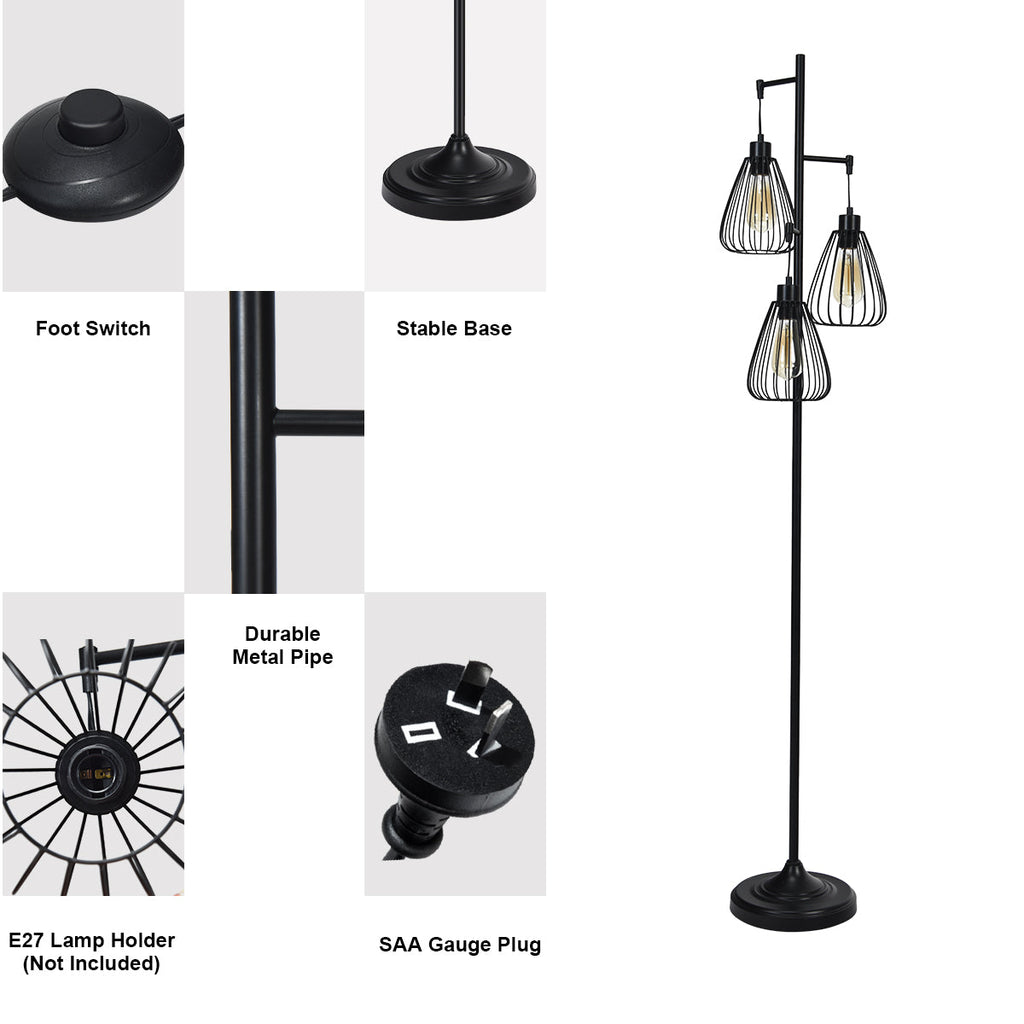 NNECW Industrial 3-Light Floor Lamp with 3 Hanging Lampshade for Living Room
