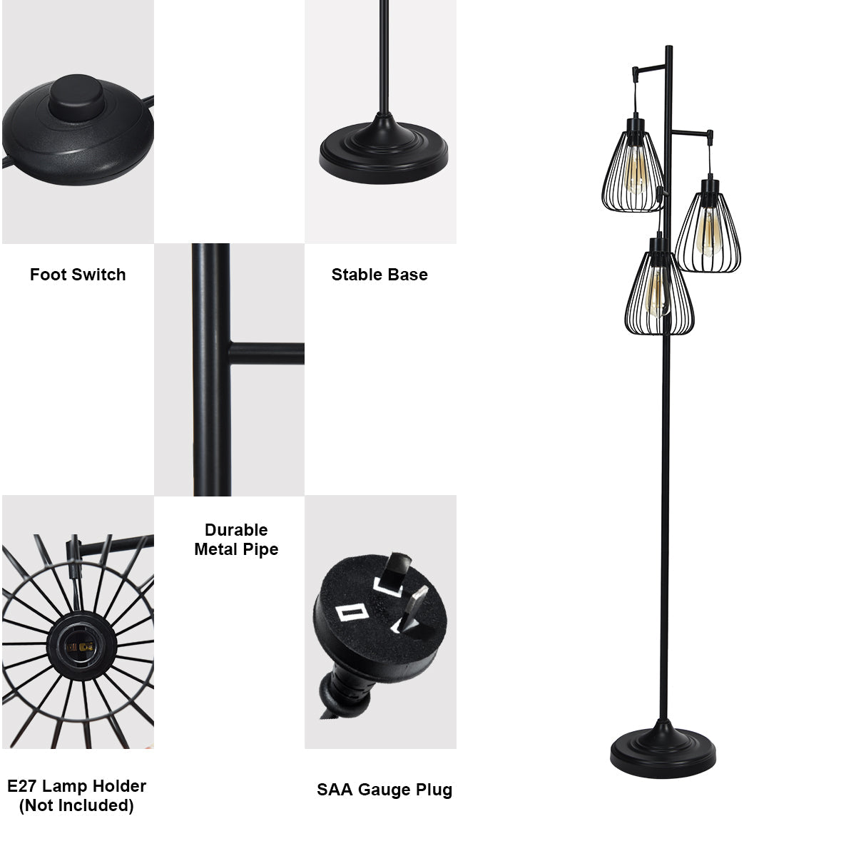NNECW Industrial 3-Light Floor Lamp with 3 Hanging Lampshade for Living Room