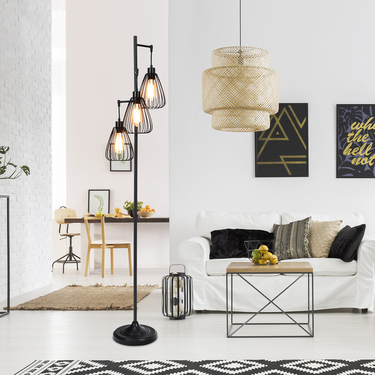NNECW Industrial 3-Light Floor Lamp with 3 Hanging Lampshade for Living Room