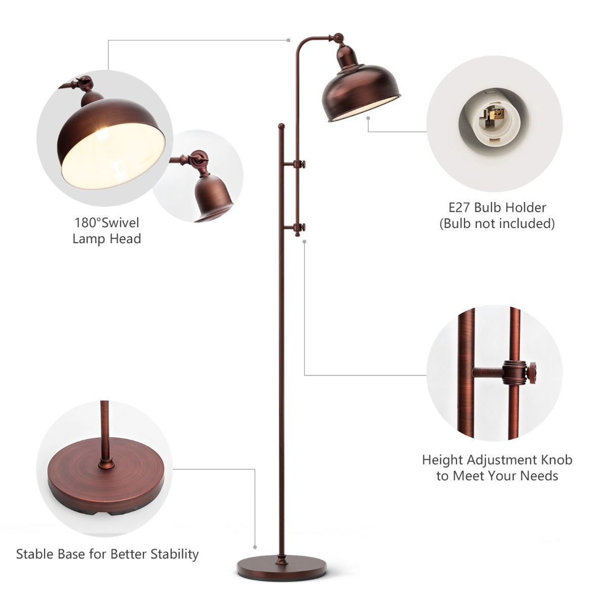 NNECW Industrial Floor Lamp with Adjustable Height & Lamp Head for Living Room