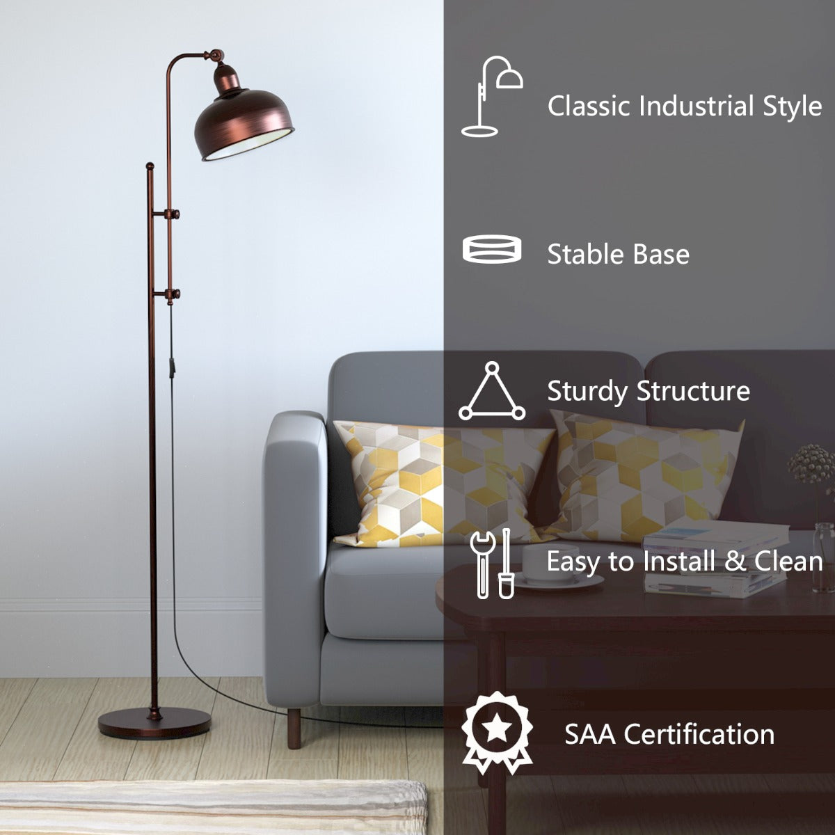 NNECW Industrial Floor Lamp with Adjustable Height & Lamp Head for Living Room