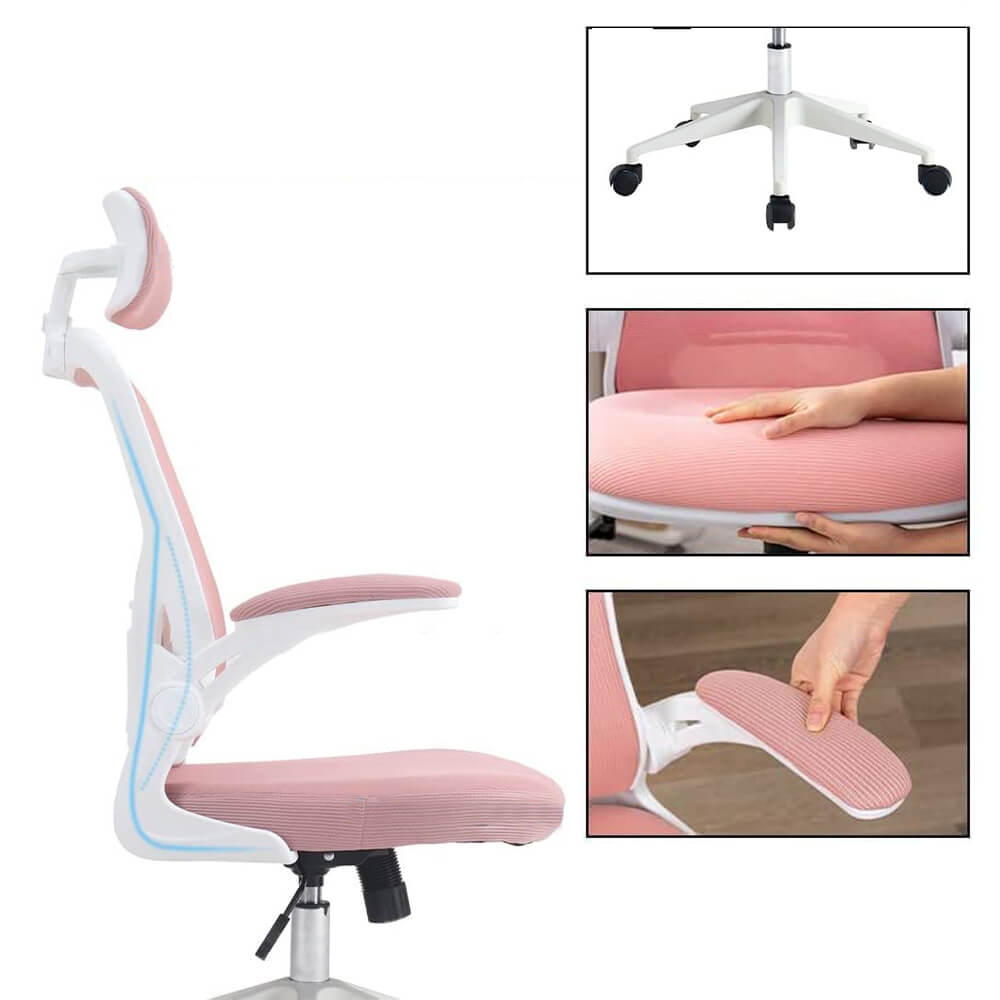 Ergonomiczny fotel biurowy z podparciem lędźwiowym i zagłówkiem, różowy-3