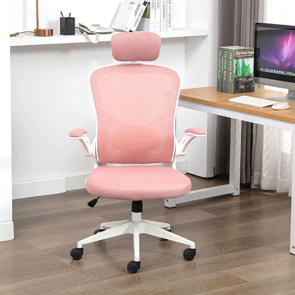 Ergonomiczny fotel biurowy z podparciem lędźwiowym i zagłówkiem, różowy-4