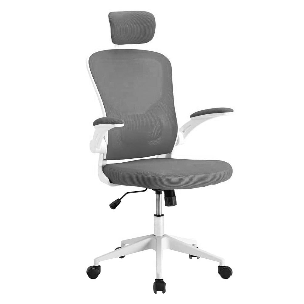 Ergonomiczny fotel biurowy z podparciem lędźwiowym i zagłówkiem, szary-0