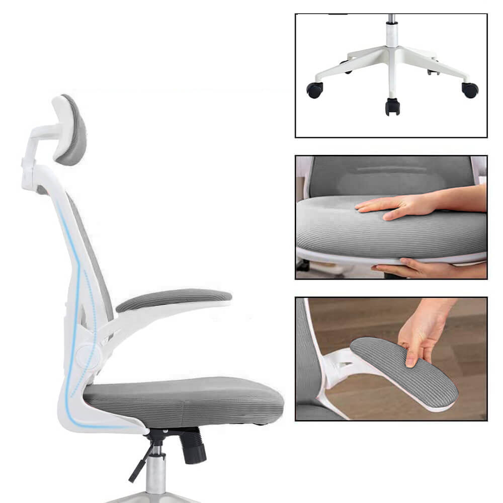 Ergonomiczny fotel biurowy z podparciem lędźwiowym i zagłówkiem, szary-3