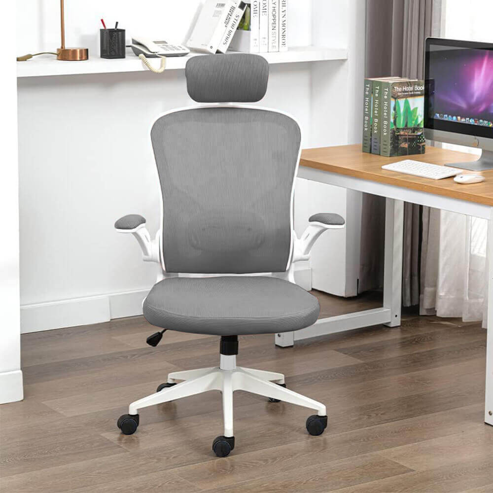 Ergonomiczny fotel biurowy z podparciem lędźwiowym i zagłówkiem, szary-4