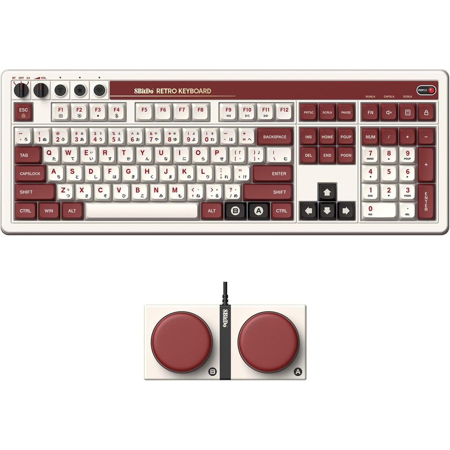 8bitdo Retro Mechanical Keyboard Fami Edition, gaming keyboard (beige red, US layout, Kailh Box White, Bluetooth Low Energy, wireless 2.4G, USB)-0