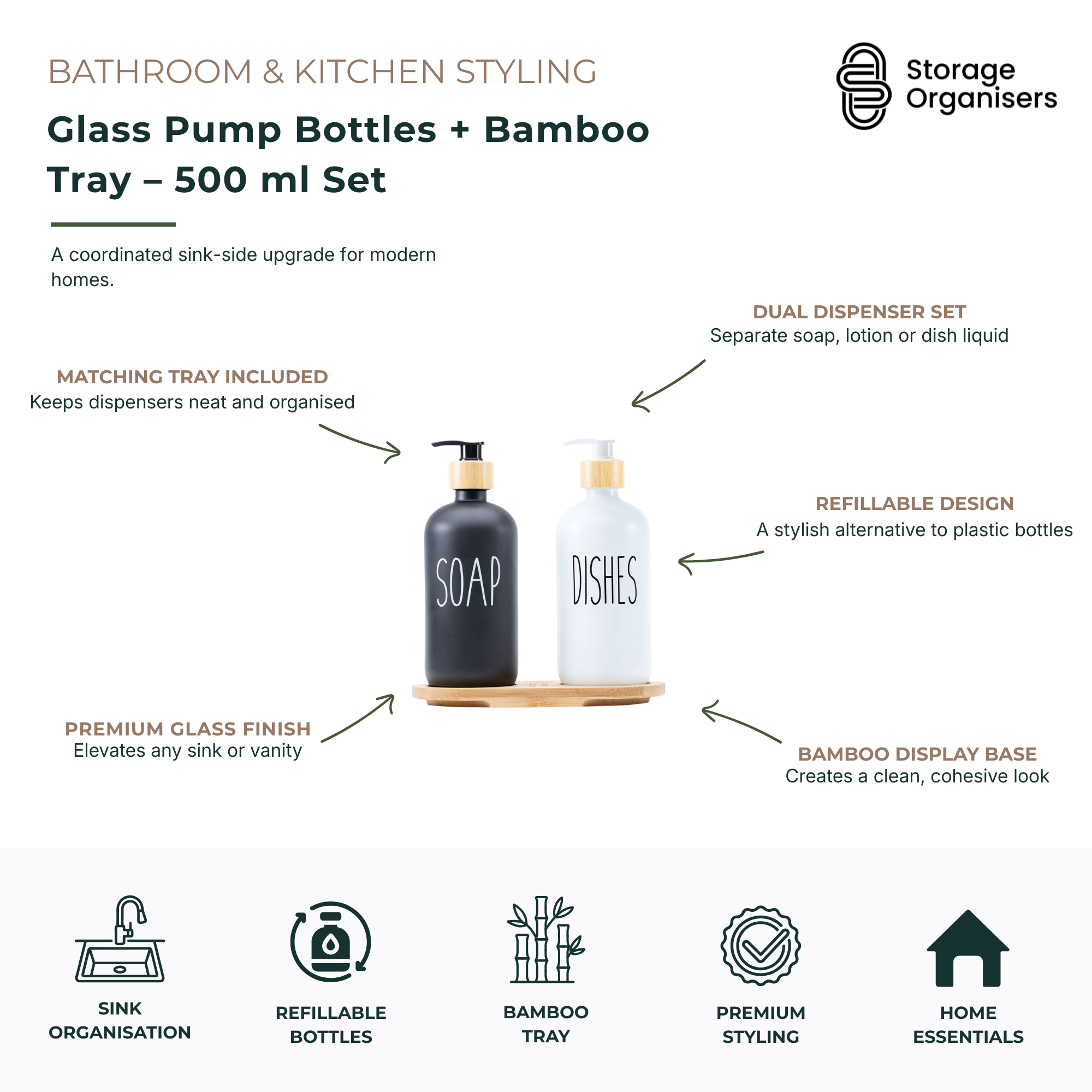 Glass Pump Bottles + Bamboo Tray – 500 ml Set-4
