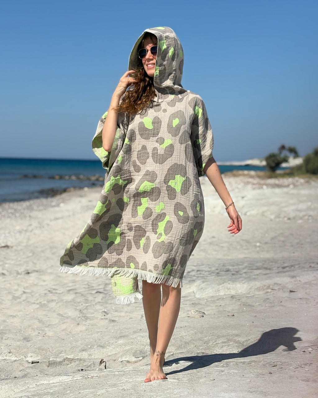 Women's Changing Poncho Neon Safari Grey & Lime – Jacquard Cotton-0