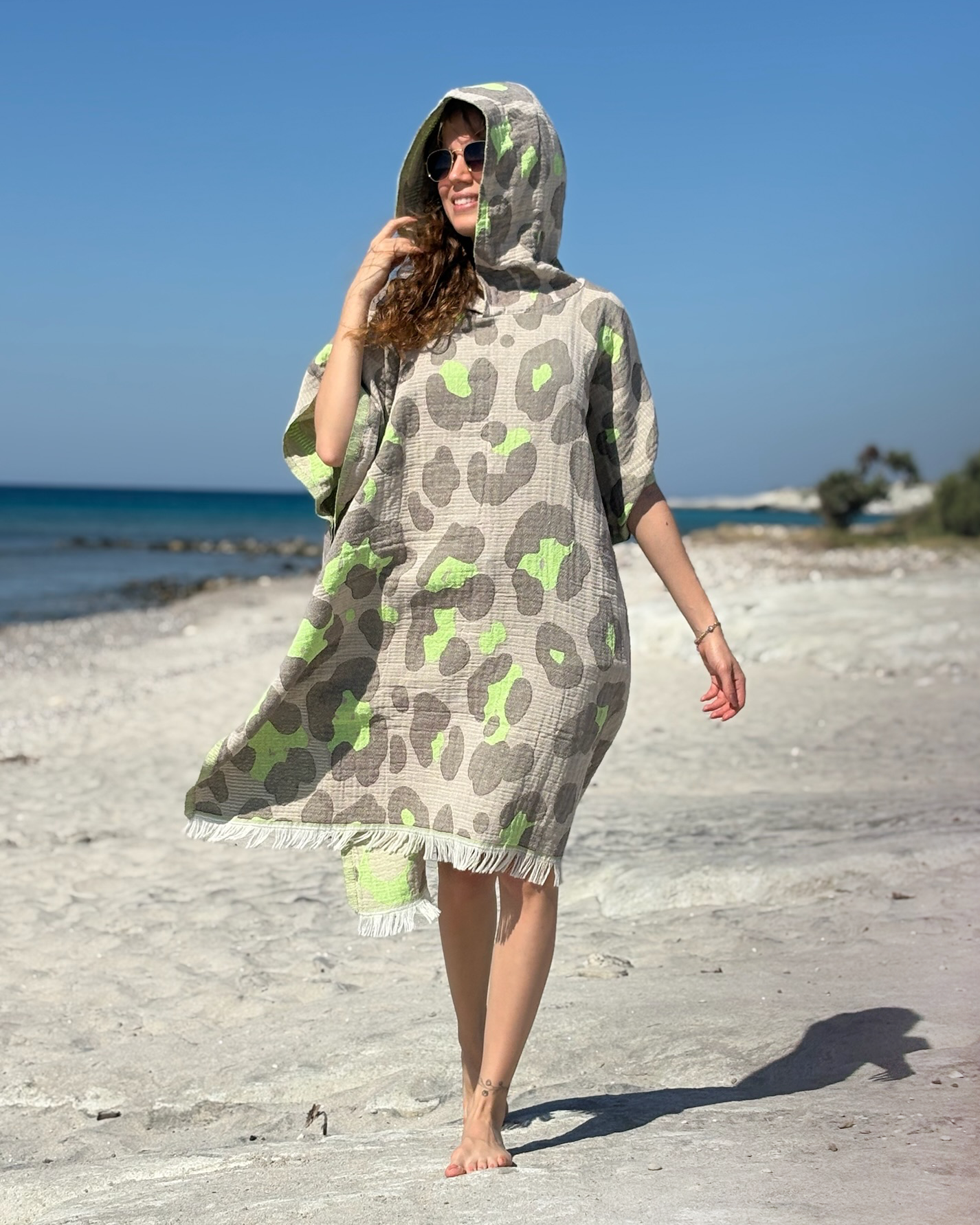 Women's Changing Poncho Neon Safari Grey & Lime – Jacquard Cotton-0