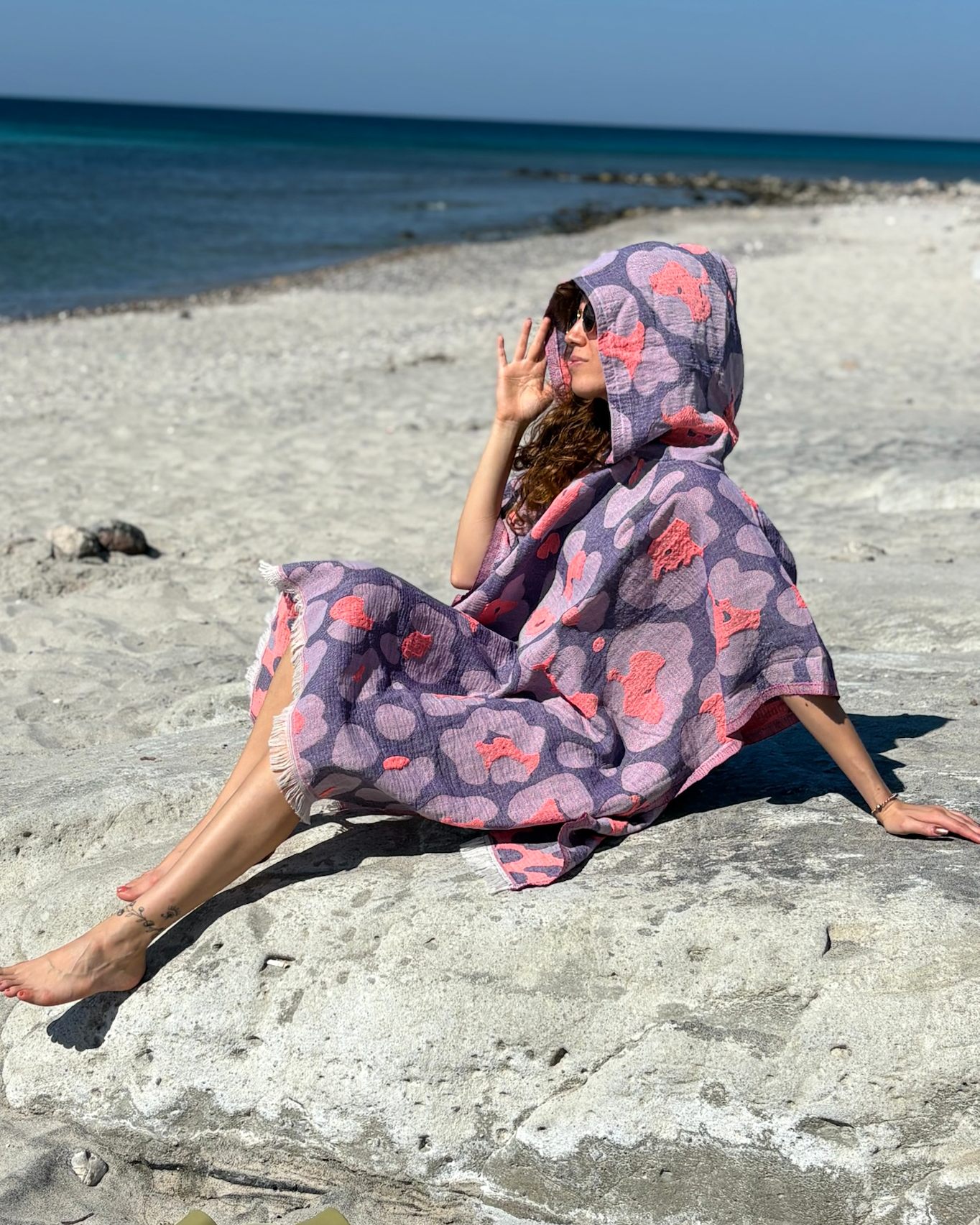 Women's Changing Poncho Neon Safari Lavender & Coral – Jacquard Cotton-1