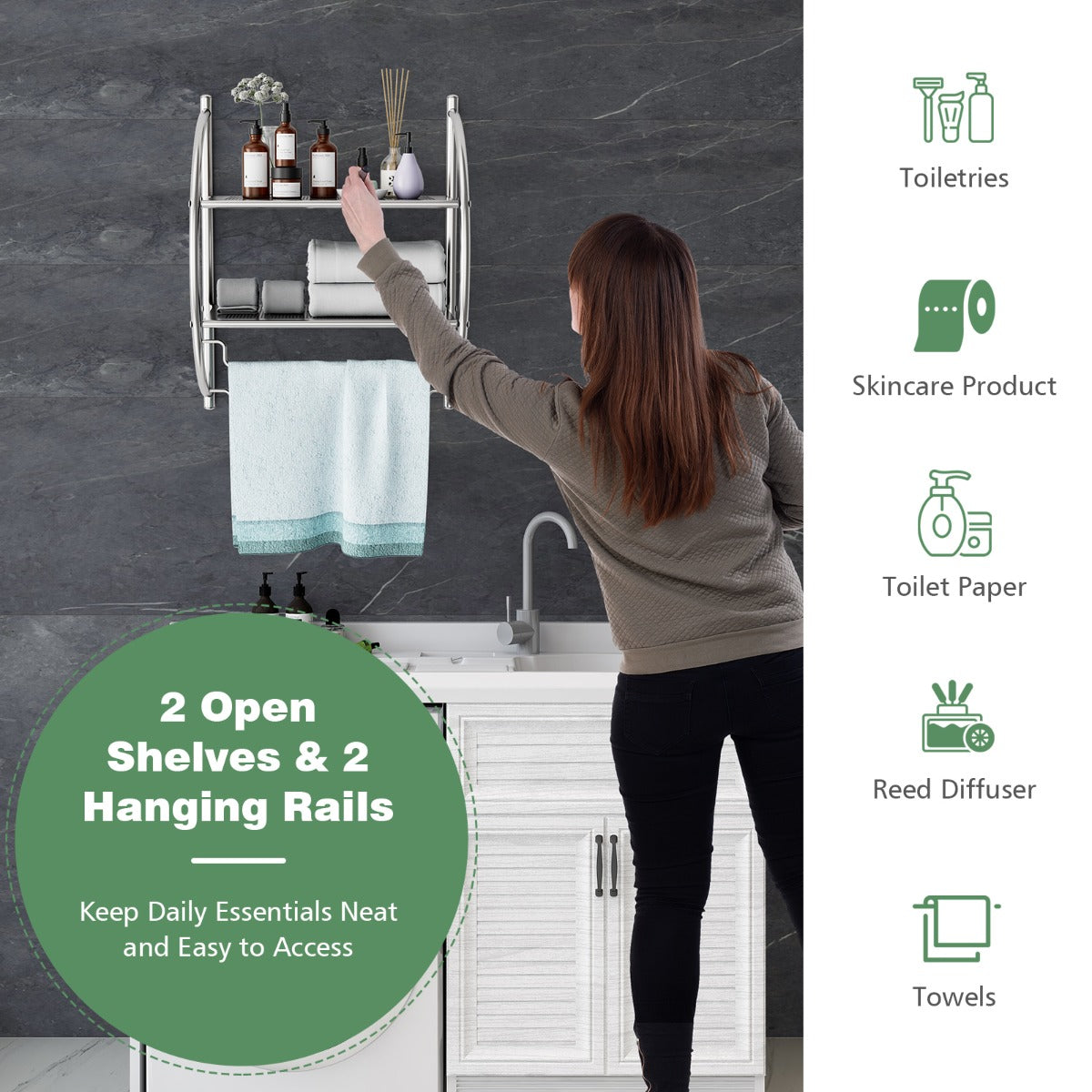 NNECW 2-Tier Wall Mount Towel Storage Rack for Bathroom