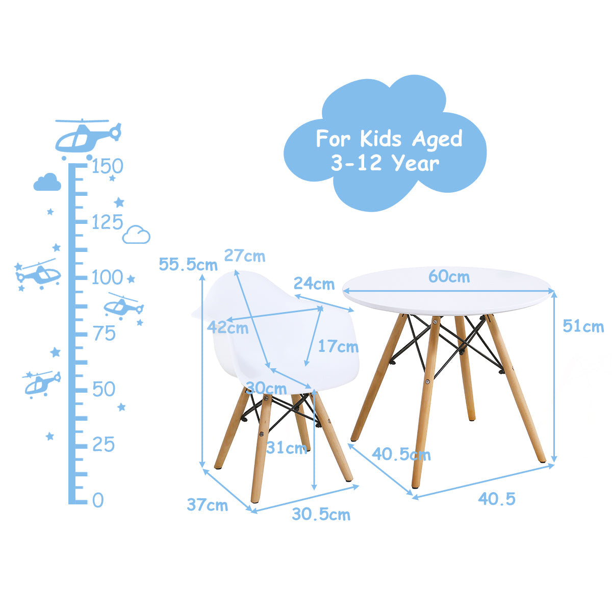 NNECW 3-Piece Kids Table and 2 Chairs Set for Learning & Activity & Dining