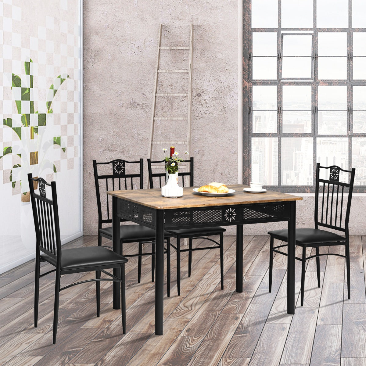 NNECW 5 Pieces Dining Table Set with 4 Upholstered Chairs for Coffee/Restaurant