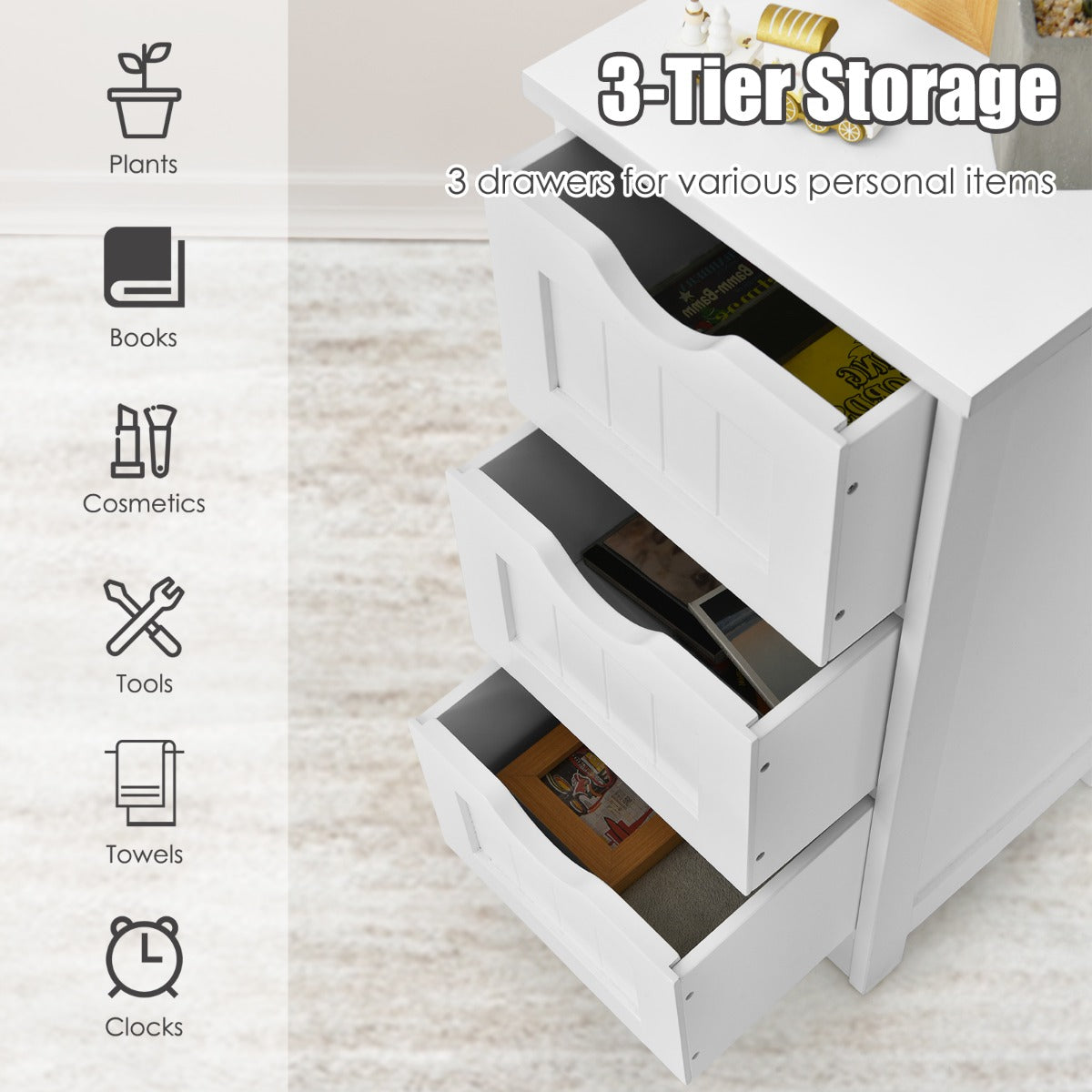 NNECW Bathroom Floor Cabinet with 3 Drawers & Anti-Toppling Kit