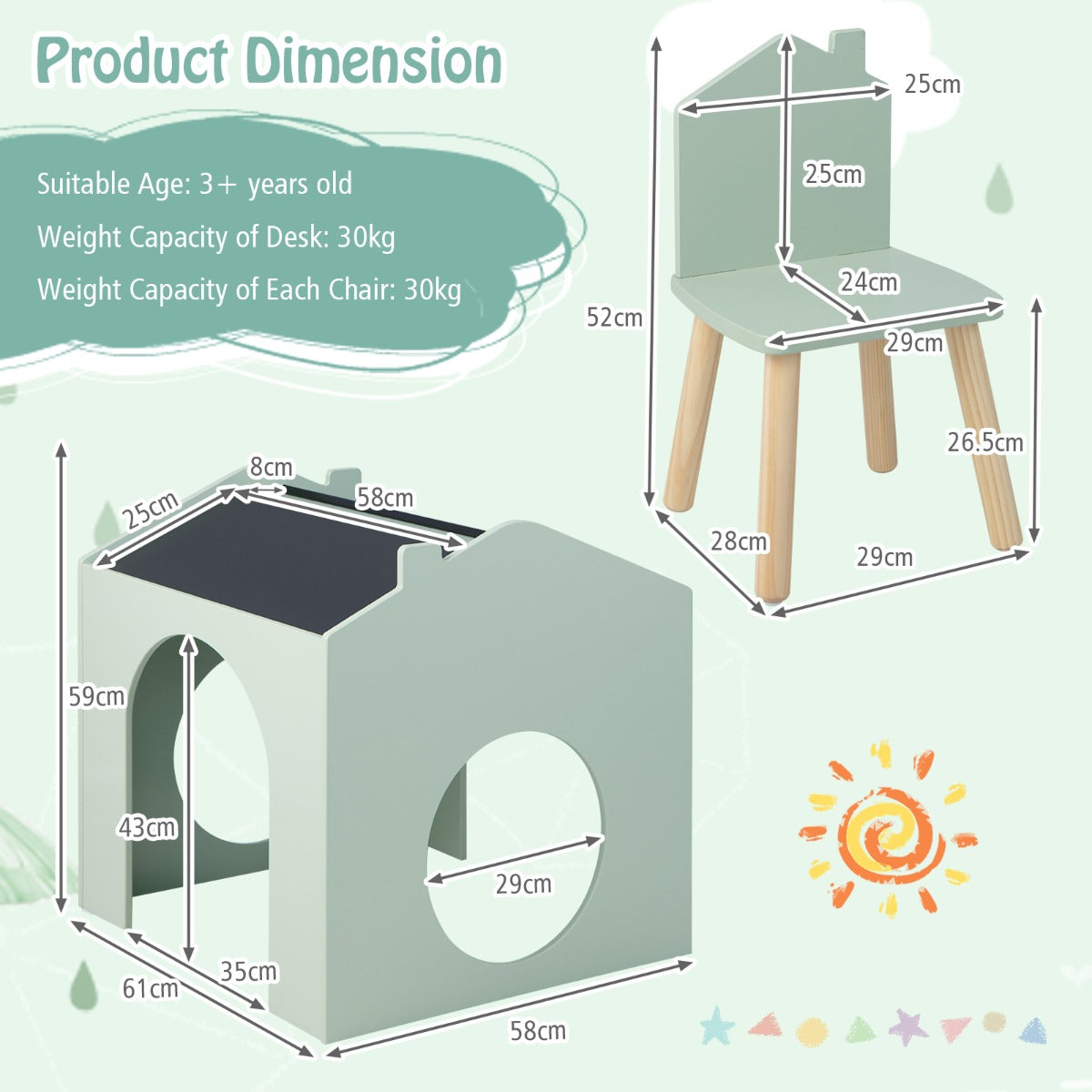 NNECW 3 Pieces Kids Wooden Table and Chair Set with Chalkboards for Toddlers-Green