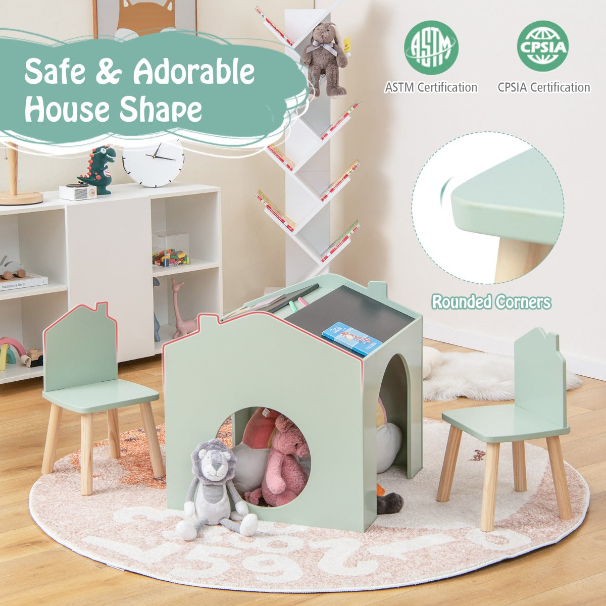 NNECW 3 Pieces Kids Wooden Table and Chair Set with Chalkboards for Toddlers-Green