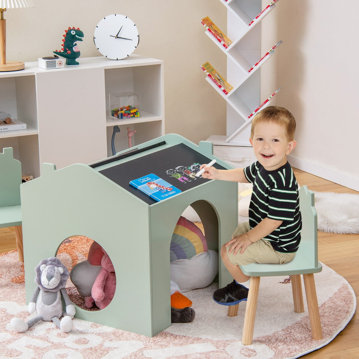 NNECW 3 Pieces Kids Wooden Table and Chair Set with Chalkboards for Toddlers-Green