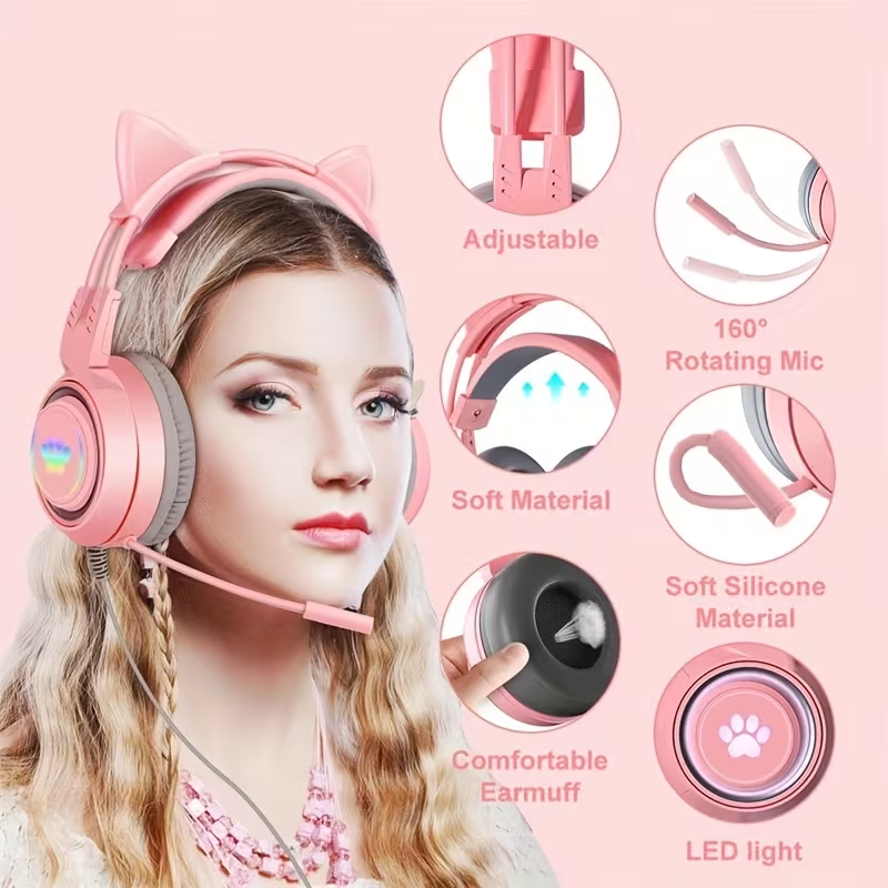 NNETM Cat Ear Gaming Headphones with RGB Lights