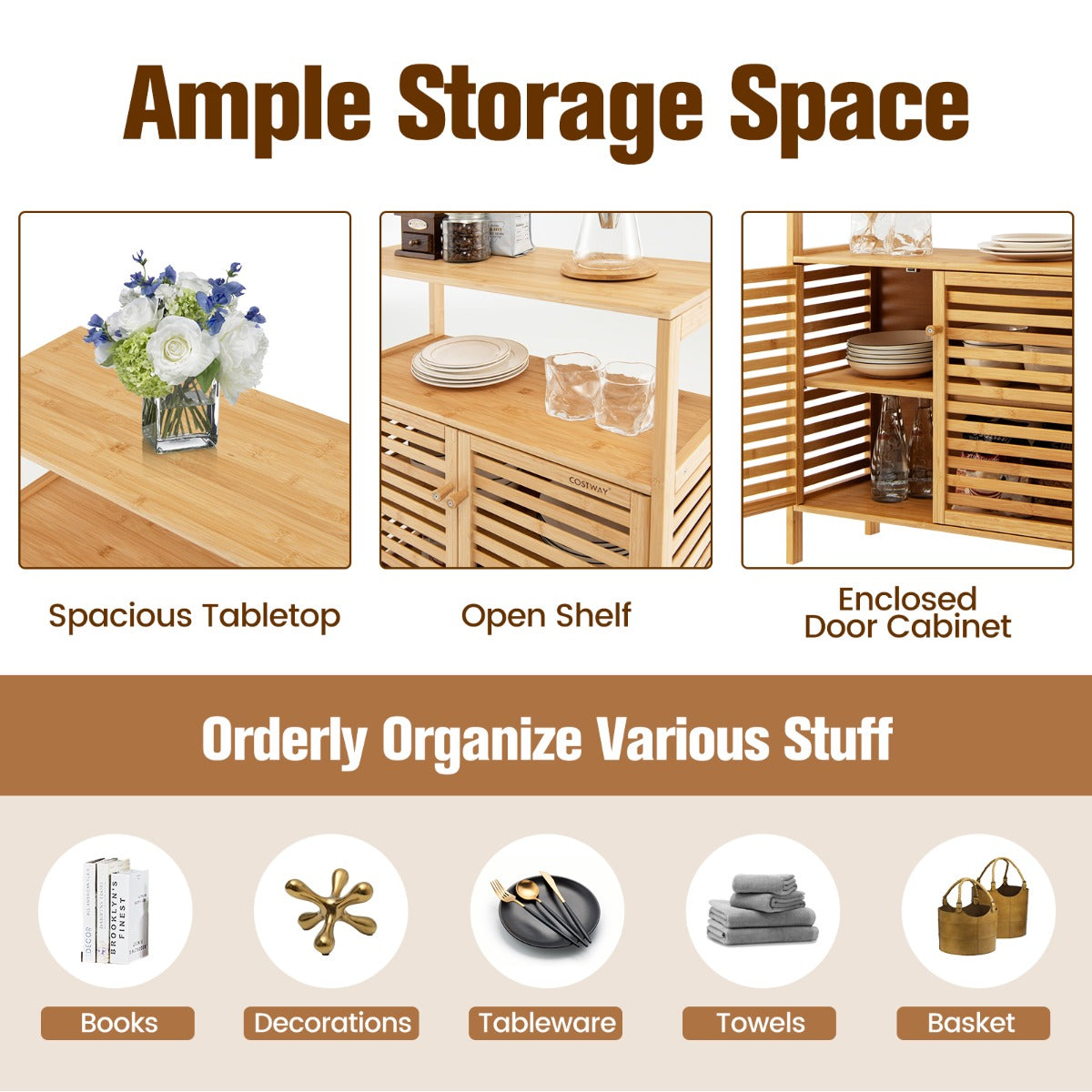 NNECW Bamboo Bathroom Storage Cabinet with Removable Shelf for Bathroom Living Room
