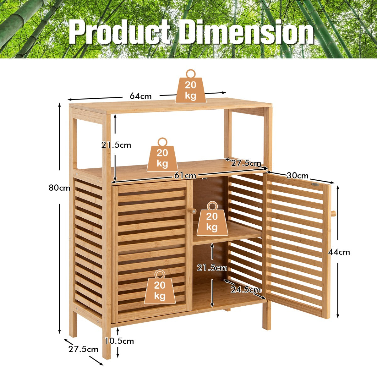 NNECW Bamboo Bathroom Storage Cabinet with Removable Shelf for Bathroom Living Room