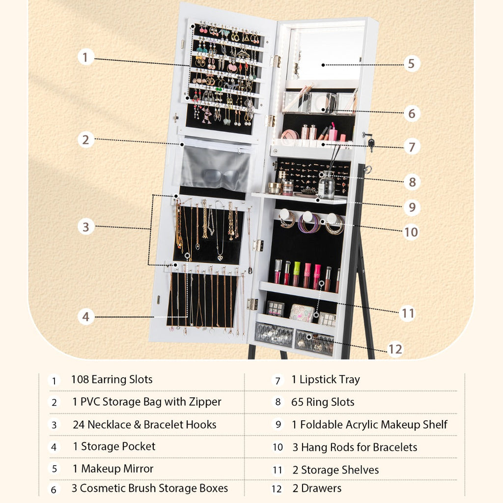 NNECW Lockable Floor Jewelry Cabinet with Full-Length Mirror &amp LED Lights-White