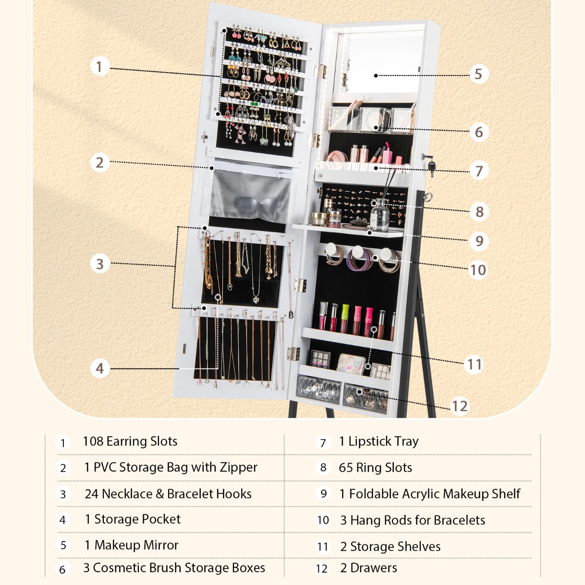 NNECW Lockable Floor Jewelry Cabinet with Full-Length Mirror &amp LED Lights-White