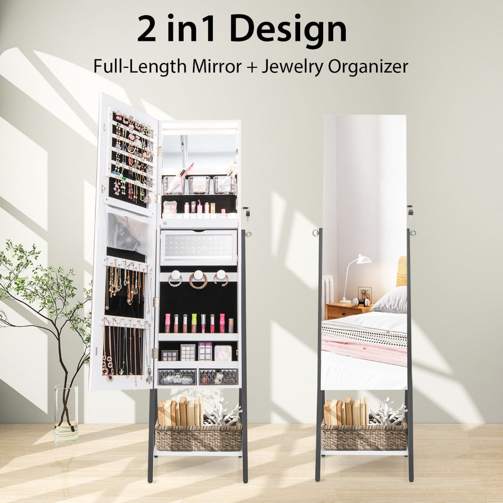 NNECW Lockable Floor Jewelry Cabinet with Full-Length Mirror &amp LED Lights-White