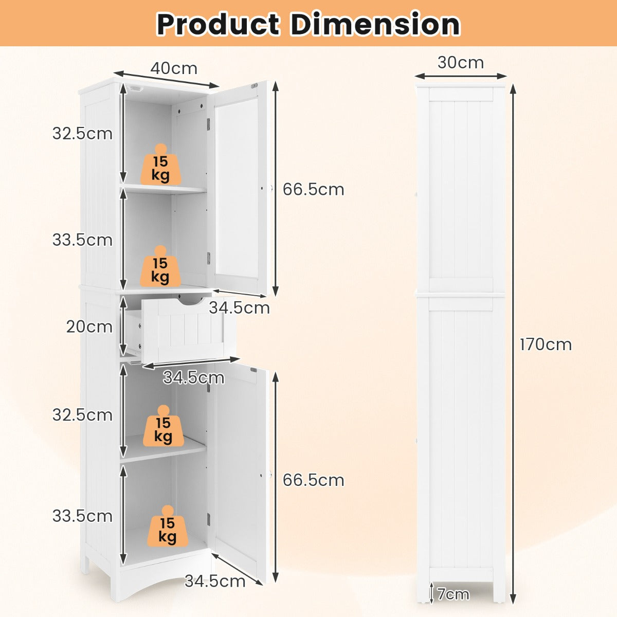 NNECW Tall Bathroom Storage Cabinet with 2 Doors & 1 Drawer
