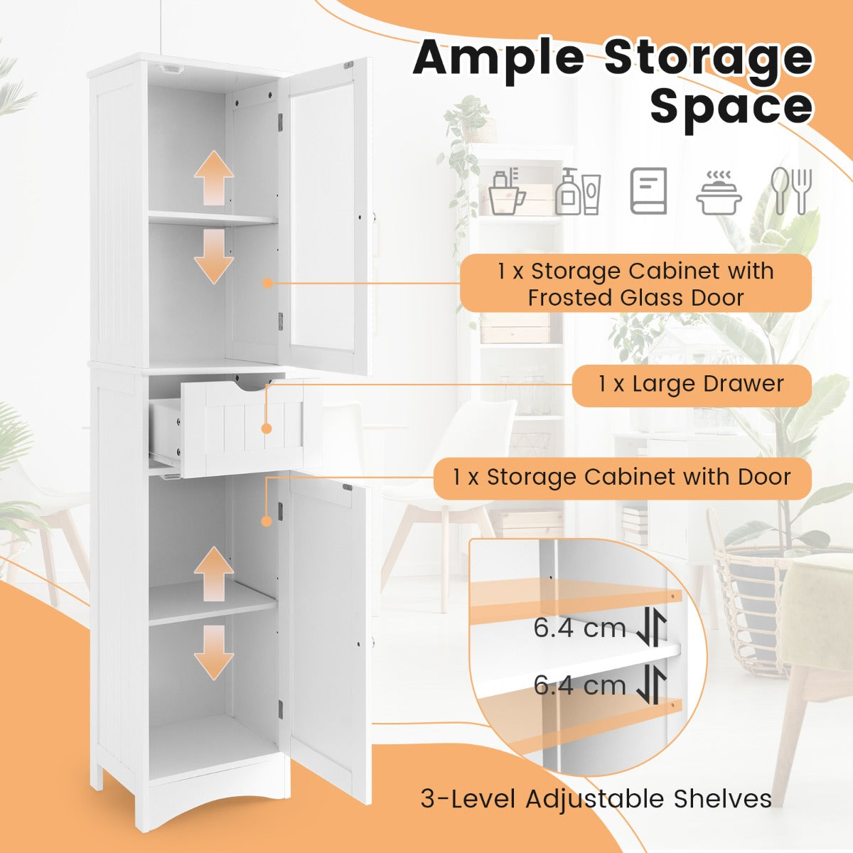 NNECW Tall Bathroom Storage Cabinet with 2 Doors & 1 Drawer