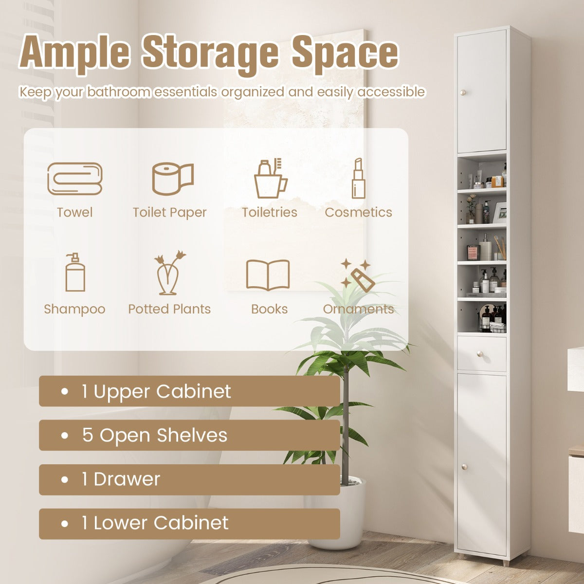 NNECW Slim Bathroom Tall Cabinet with 2 Doors 1 Drawer and 5 Shelves-White