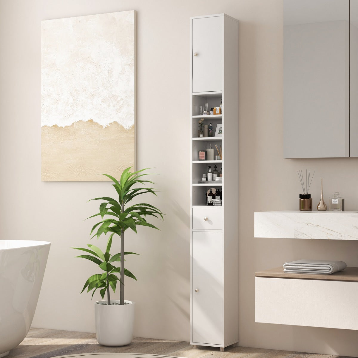 NNECW Slim Bathroom Tall Cabinet with 2 Doors 1 Drawer and 5 Shelves-White