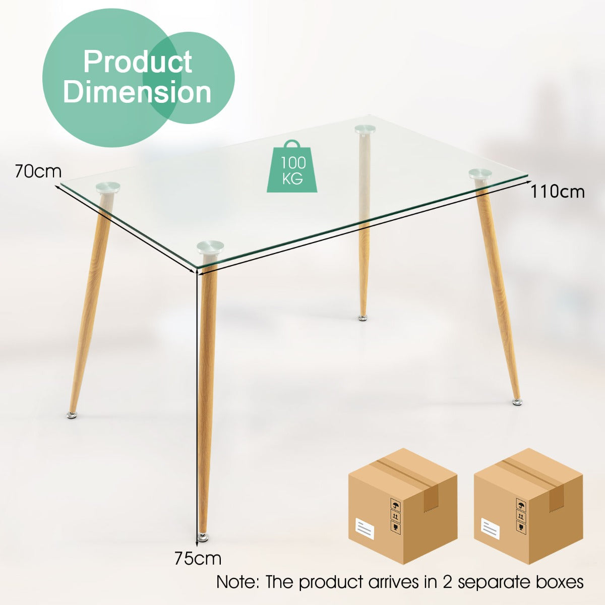 NNECW Rectangular Dining Table with Tempered Glass Tabletop for Dining Room