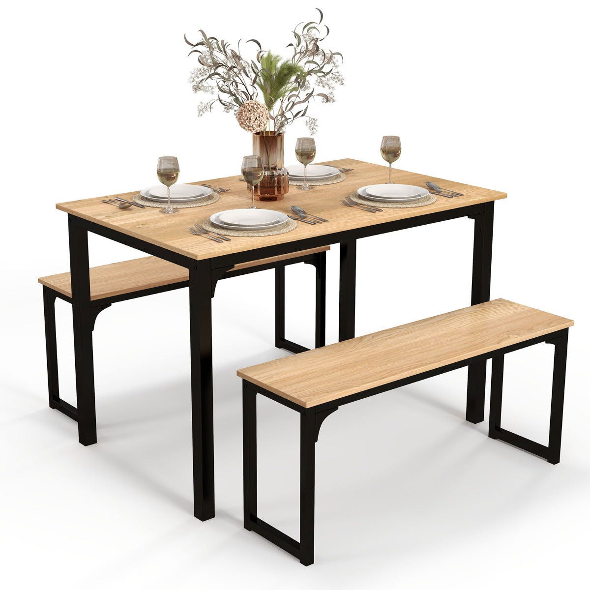 NNECW Space-saving Dining Table Set for 4 with 2 Benches for Kitchen-Natural