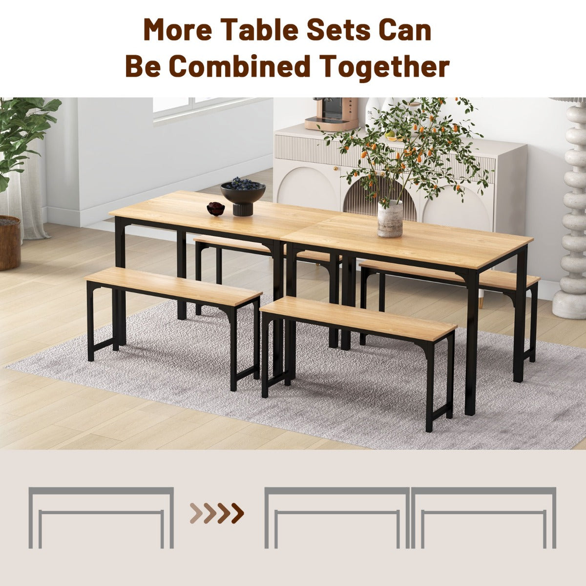 NNECW Space-saving Dining Table Set for 4 with 2 Benches for Kitchen-Natural