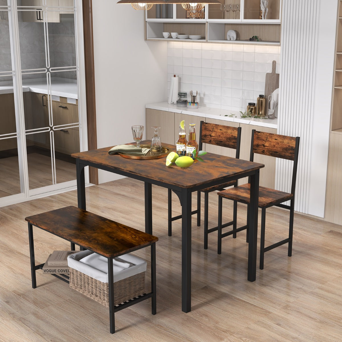 NNECW 4-Piece Dining Table and Chair Set with Metal Frame and Storage Rack for Dining