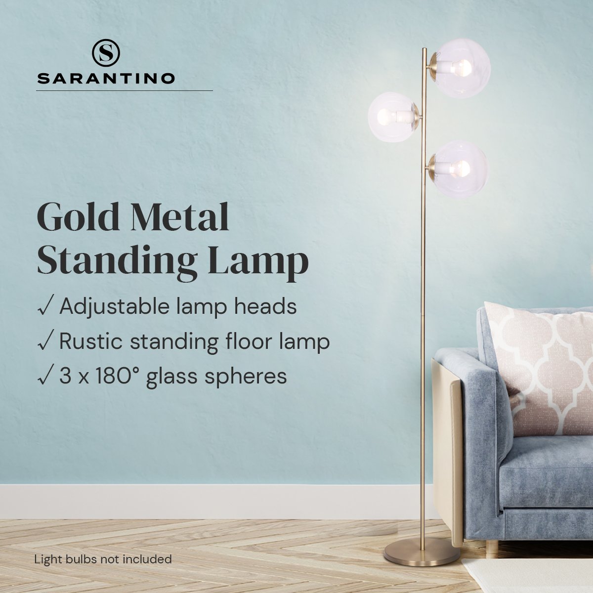 NNEDPE 3-Light Gold Metal Floor Lamp with Glass Shades