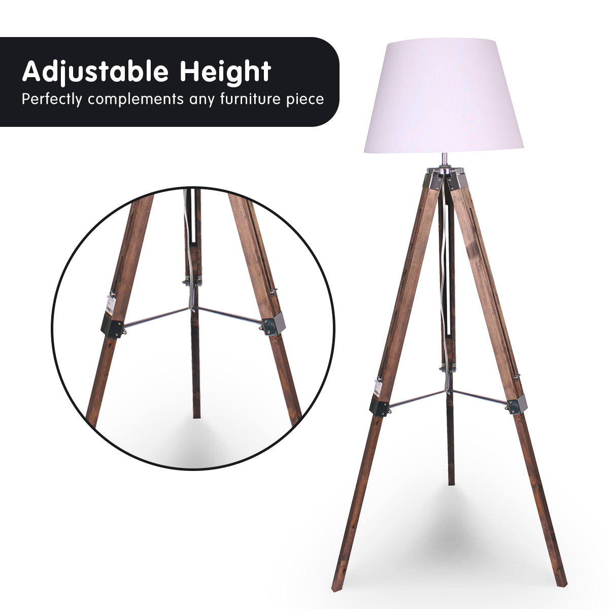 NNEDPE Sarantino Solid Wood Tripod Floor Lamp Adjustable Height White Shade