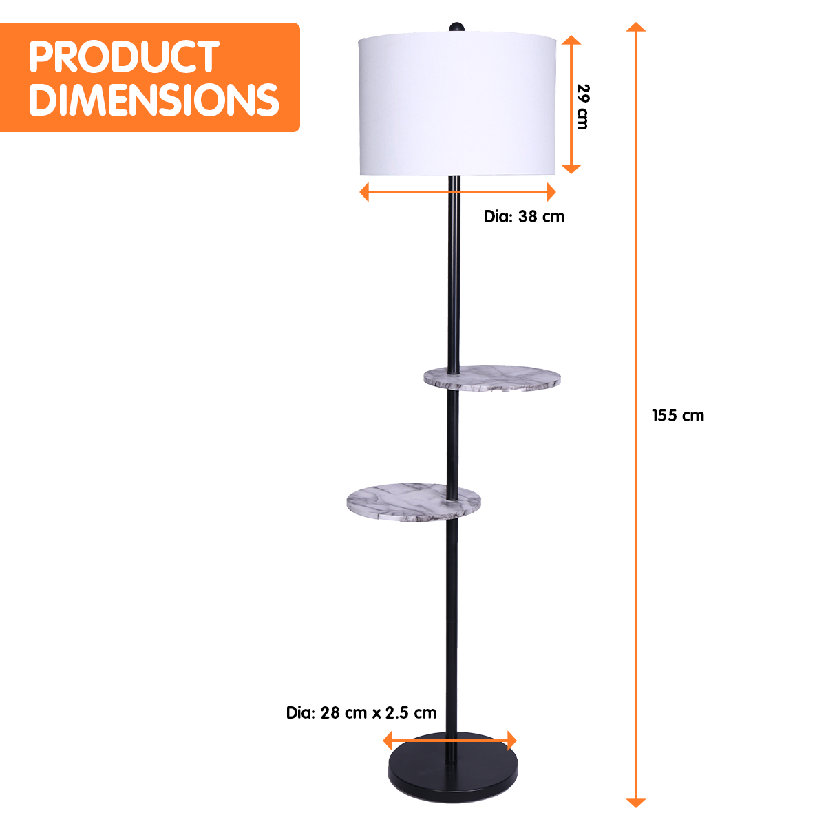 NNEDPE Sarantino Metal Floor Lamp Shade Black Post in Marble Finish Shelves