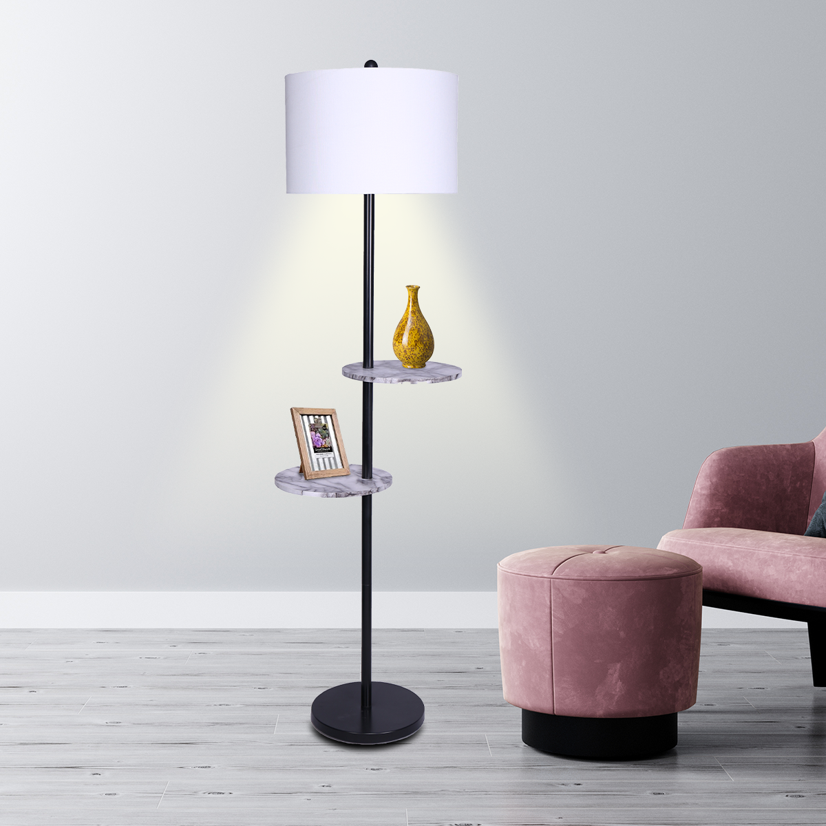 NNEDPE Sarantino Metal Floor Lamp Shade Black Post in Marble Finish Shelves