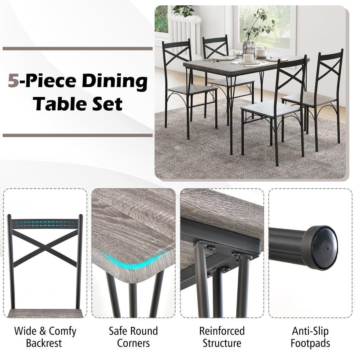 NNECW Modern Rectangular 5-Piece Dining Table Set with Metal Frame